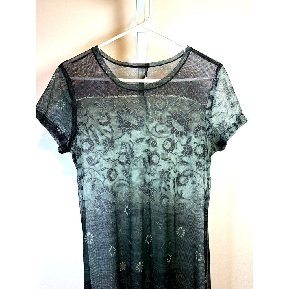 Women’s Black Green Sheer Maxi Dress Goth Witchy Rolled Hem Short Sl Sz Large - Picture 2 of 4